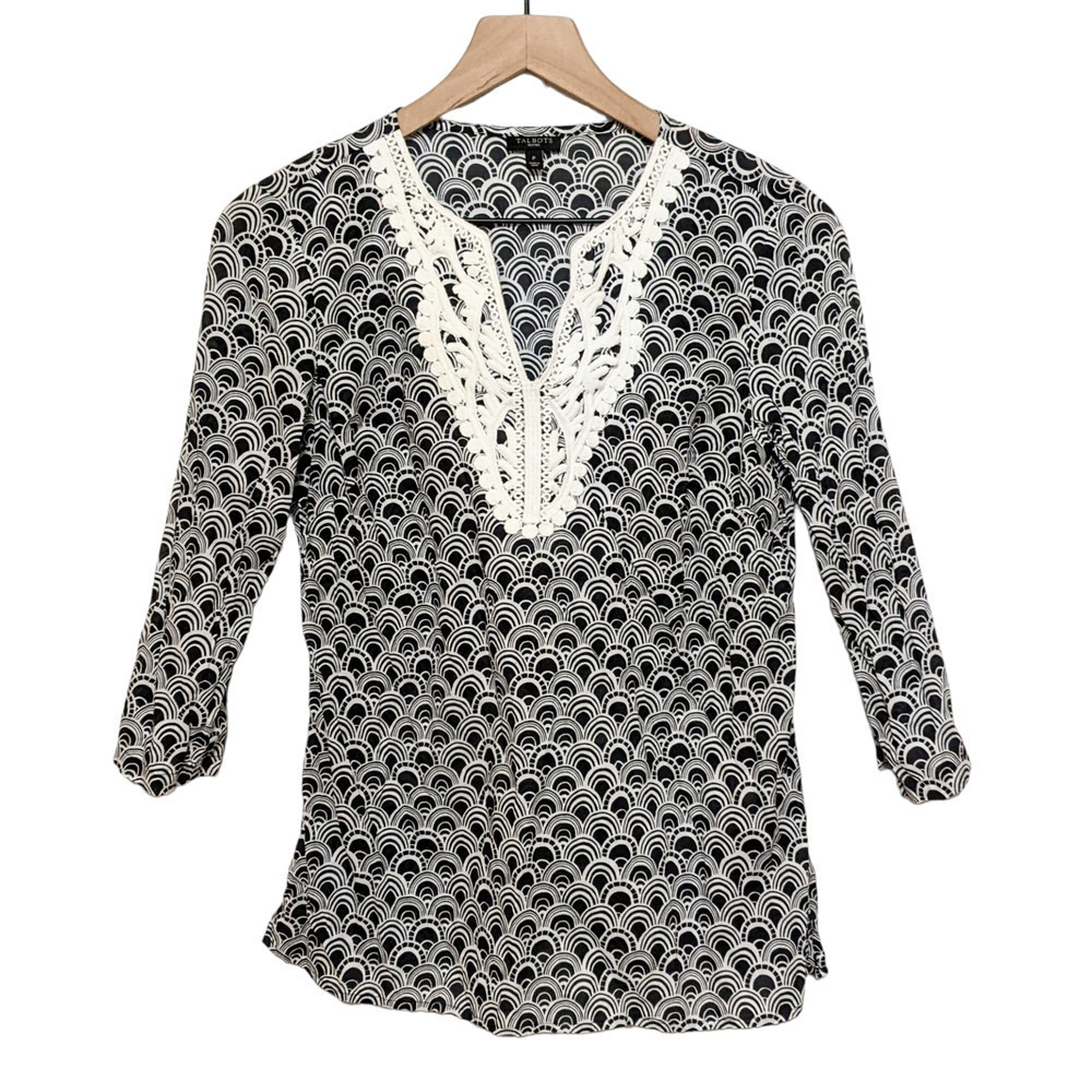 Talbots Petites Womens Boho Tunic Top Size P Black White Crochet Lace 3/4 Sleeve